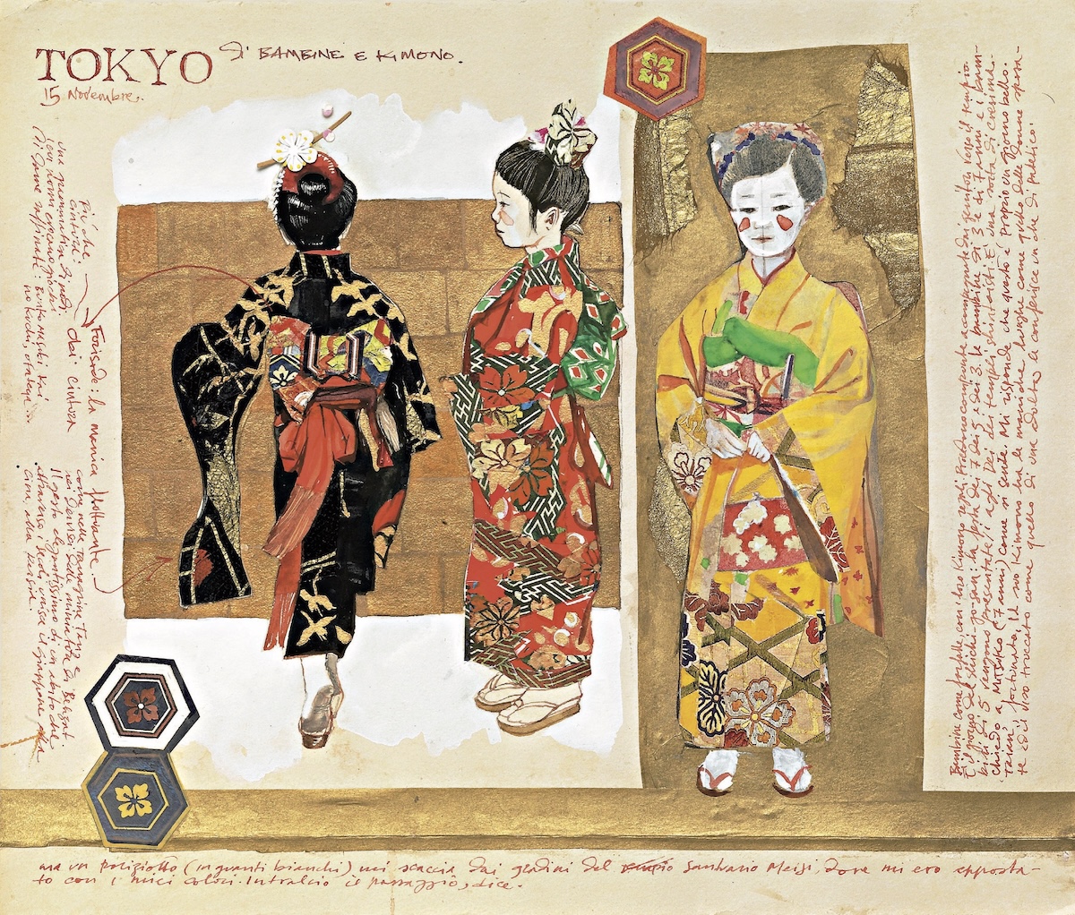 Stefano Faravelli_Shichi Go San festa dei bambini Tokyo_acquarello tempera e collage su carta