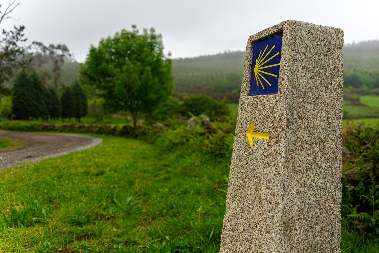 Pellegrini con zaino sul Cammino di Santiago accanto a cartello indicatore Pellegrini con zaino sul Cammino di Santiago accanto a cartello indicatore