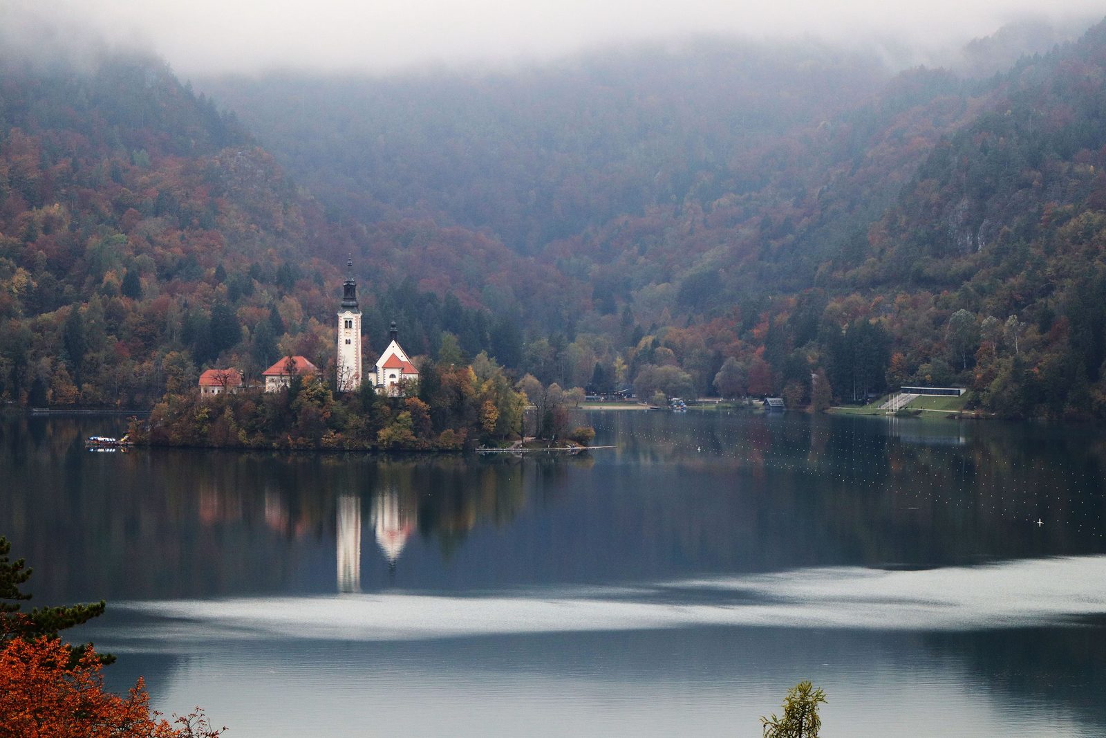 Lago di Bled in autunno con foliage e isola riflessa sulla superficie Lago di Bled in autunno con foliage e isola riflessa sulla superficie
