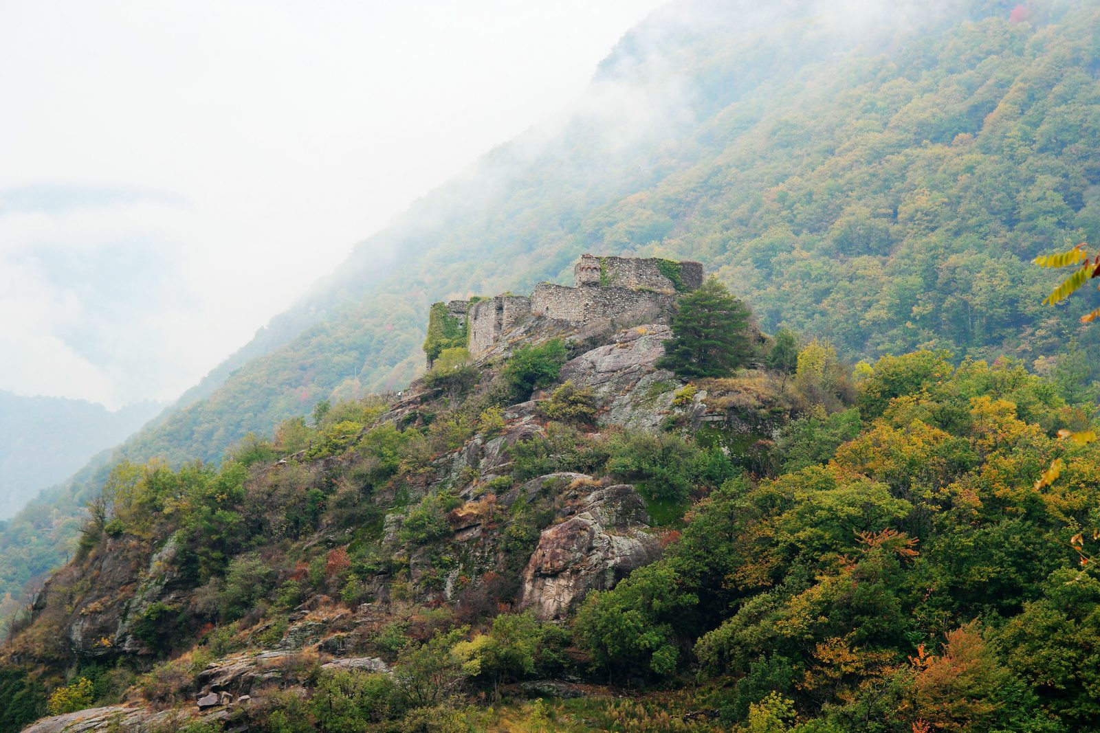 Castello di Canossa avvolto dalla nebbia autunnale di notte